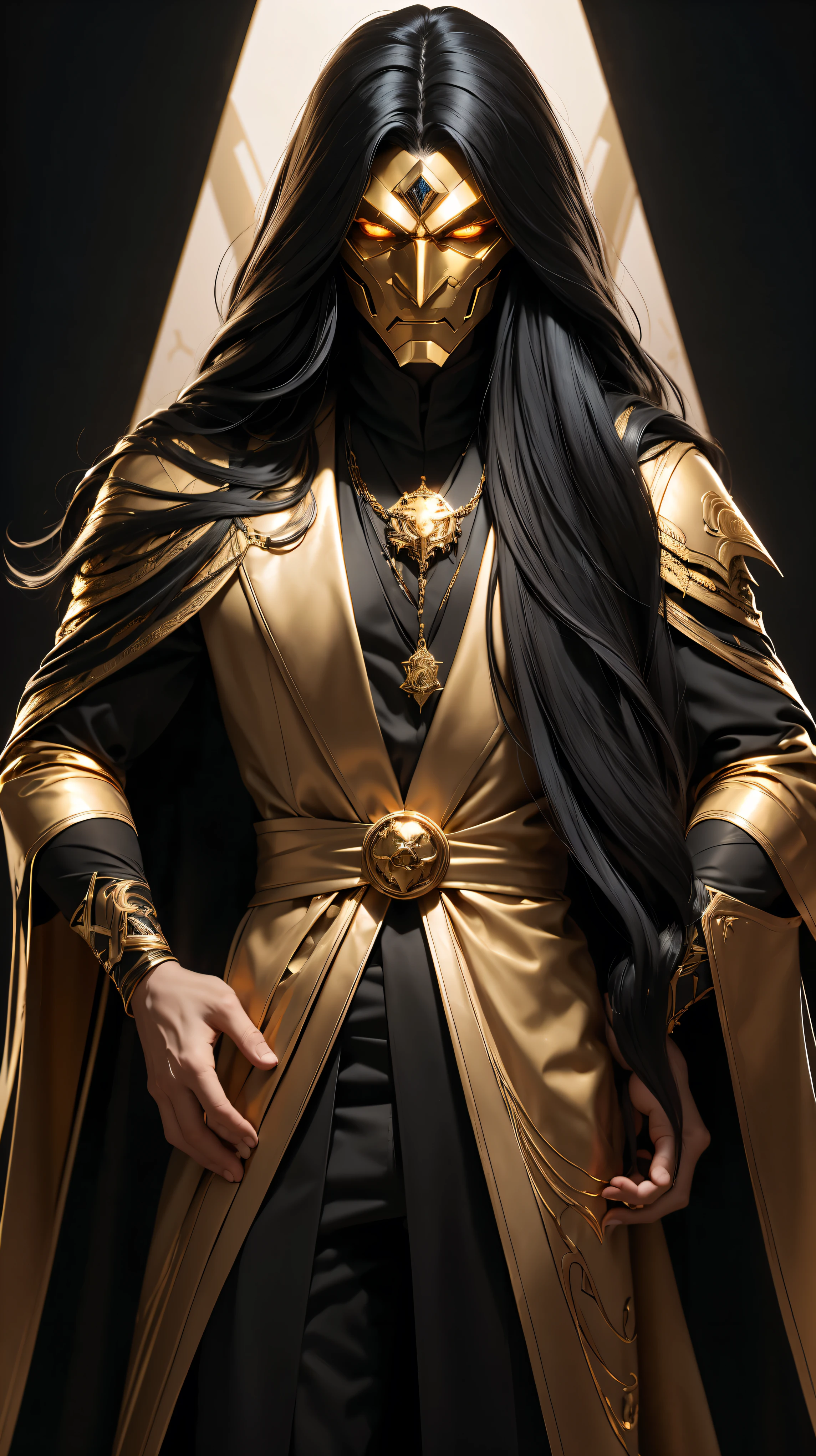 A man with long black hair wearing a golden mask wearing a white scientist's coat with gold details from the mysterious 8k supervillain.