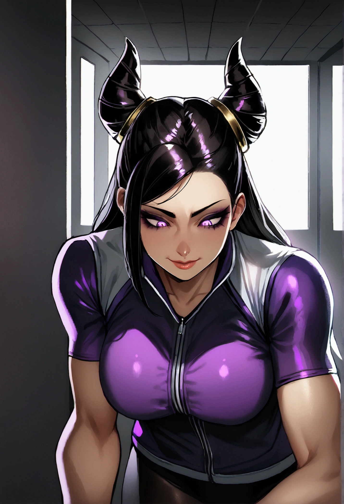 Juri Han,dark eyeshadow,glare eyes,beautiful young fitness woman with , in a gym wearing May with black pantyhose, white and purple fitted gym jacket. standing alone,hair horns,bright purple eyes,Evil smile,legging preto ,lips,dark eyeshadow,glare eyes,head looking down,upward eyes