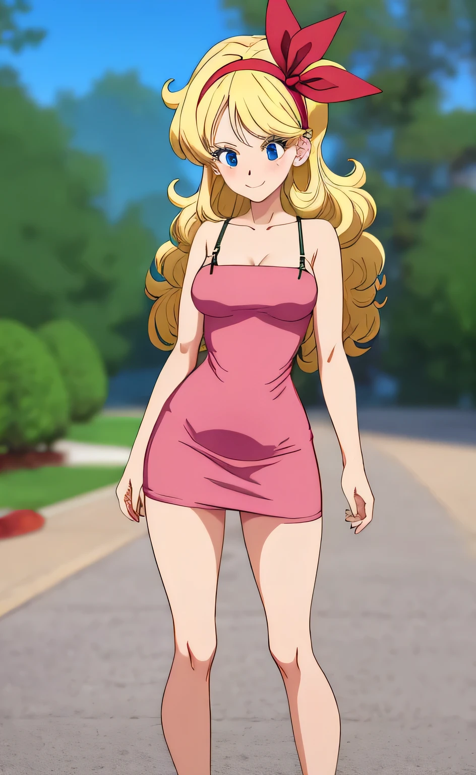 ((masterpiece, best quality)), insaneres, absurdres, solo, looking at viewer, BlondeHair_BadLaunch_ownwaifu, 1girl, long hair, blonde hair, curly hair, hair ribbon, blue eyes, medium breasts, red hairband, eyelashes, bangs, bare shoulders, collarbone, little dark pink tight dress, t3ghtdr3ss, bare legs, outdoors, depth of field, vanishing point, arms at sides, (contrapposto), smile