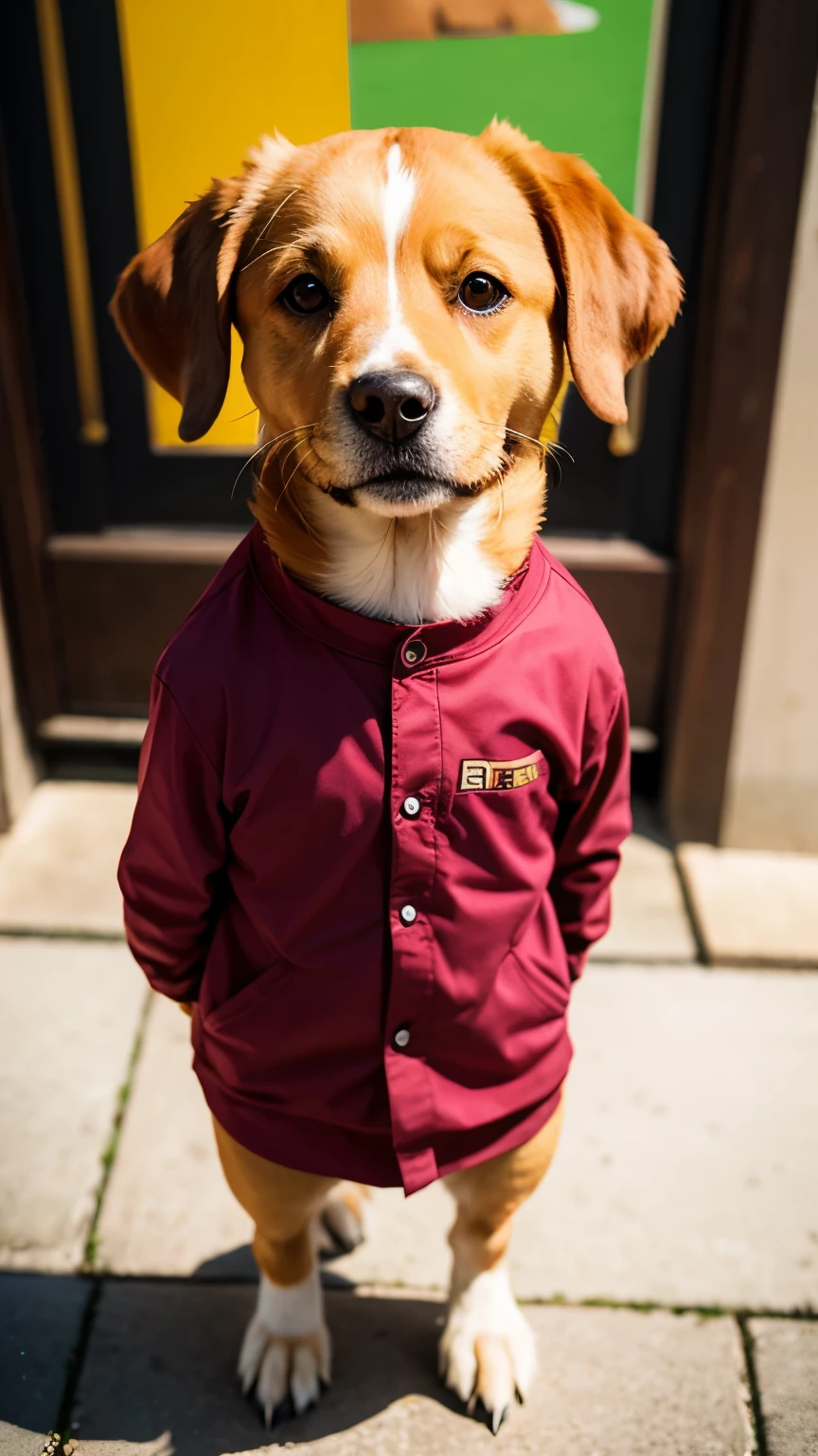 (dog) , (standing : 1.4) , (viewer : 1.4) ,(clothed : 1.4) alone , animal , (symmetry) , (masterpiece , Top Quality) , full body , (not_human) , animal focus
