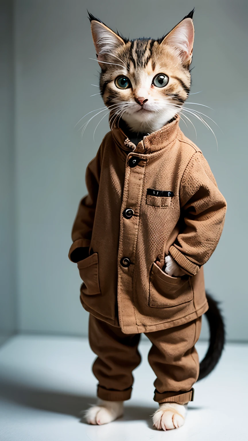 (kitten) , (standing : 1.4) , (viewer : 1.4) ,(clothed : 1.4) alone , animal , (symmetry) , (masterpiece , Top Quality) , full body , (not_human) , animal focus
