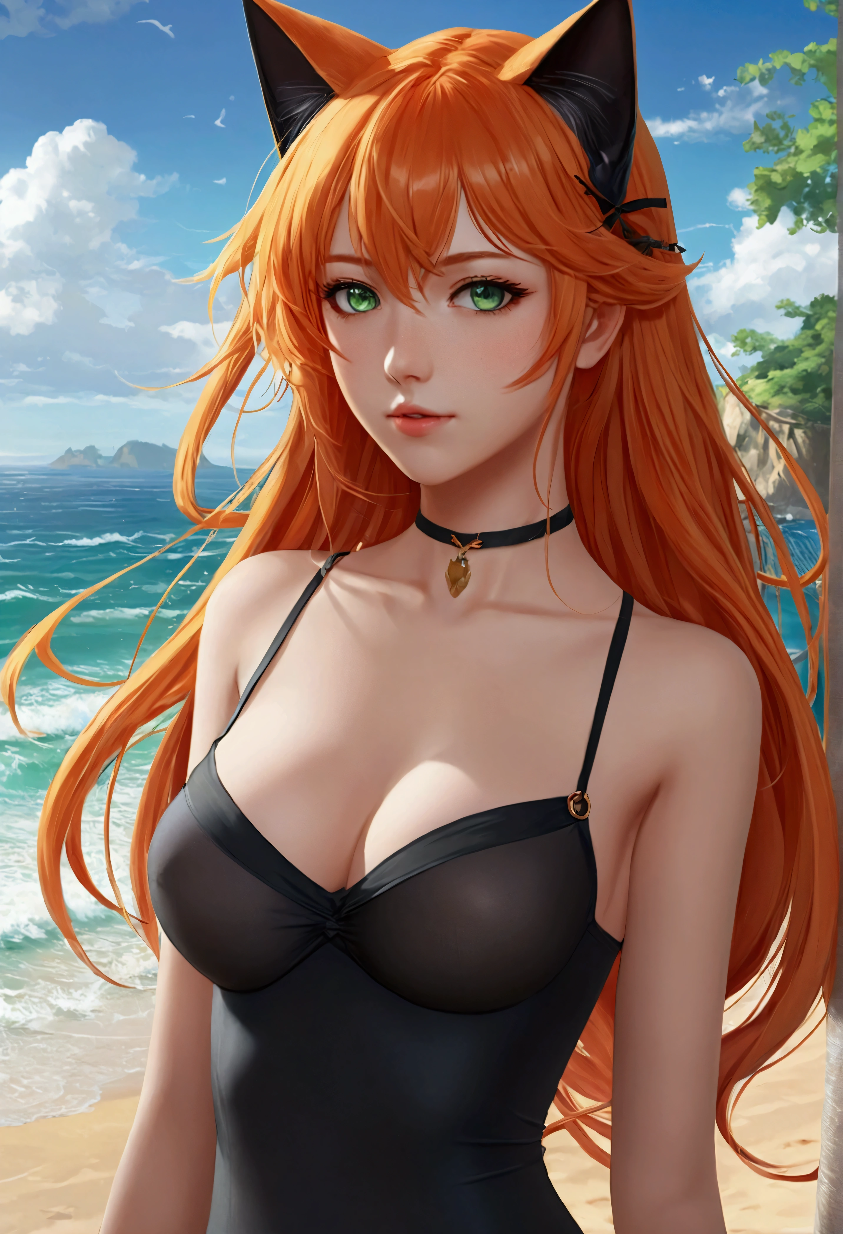 anime girl with long orange hair standing on beach near ocean, green eyes detailed digital anime art, cat ears, , anime girl with long hair, smooth anime cg art, anime girl with long hair, average breast size, digital anime art, artwork in the style of guweiz, beautiful anime portrait, photorealistic anime girl render, beautiful anime girl, advanced digital anime art, pantyhose, guweiz on artstation pixiv upscale HD UHD HQ