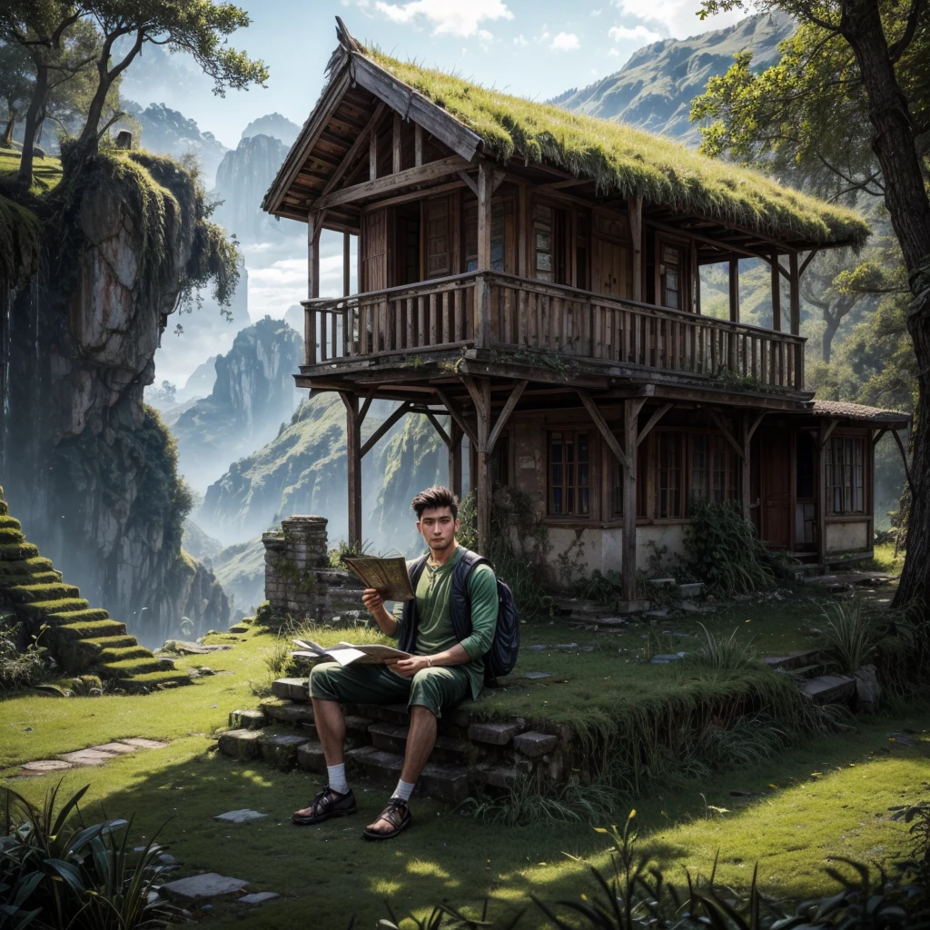 A stunning photographic portrait of a 20-year-old man with a clean face and neatly styled hair combed back, sitting on the moss-covered ruins of an ancient building. The man is dressed in adventure clothes, with the background featuring a stretch of green grass and a classic caravan adorned with vibrant fluorescent lanterns. The dramatic lighting highlights the sharp and clear details of the entire scene, creating a harmonious blend of nature, architecture, and human presence. He is holding an old scroll map.