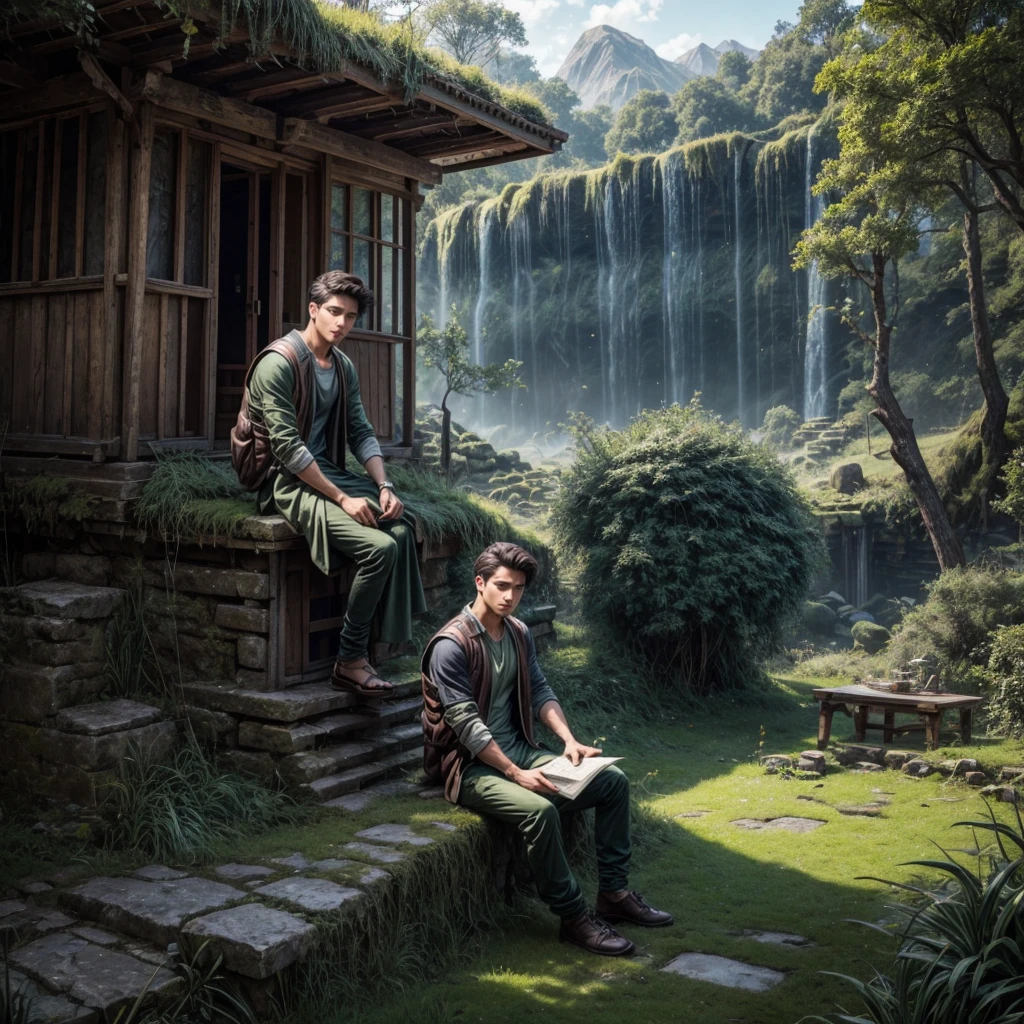 A stunning photographic portrait of a 20-year-old man with a clean face and neatly styled hair combed back, sitting on the moss-covered ruins of an ancient building. The man is dressed in adventure clothes, with the background featuring a stretch of green grass and a classic caravan adorned with vibrant fluorescent lanterns. The dramatic lighting highlights the sharp and clear details of the entire scene, creating a harmonious blend of nature, architecture, and human presence. He is holding an old scroll map.