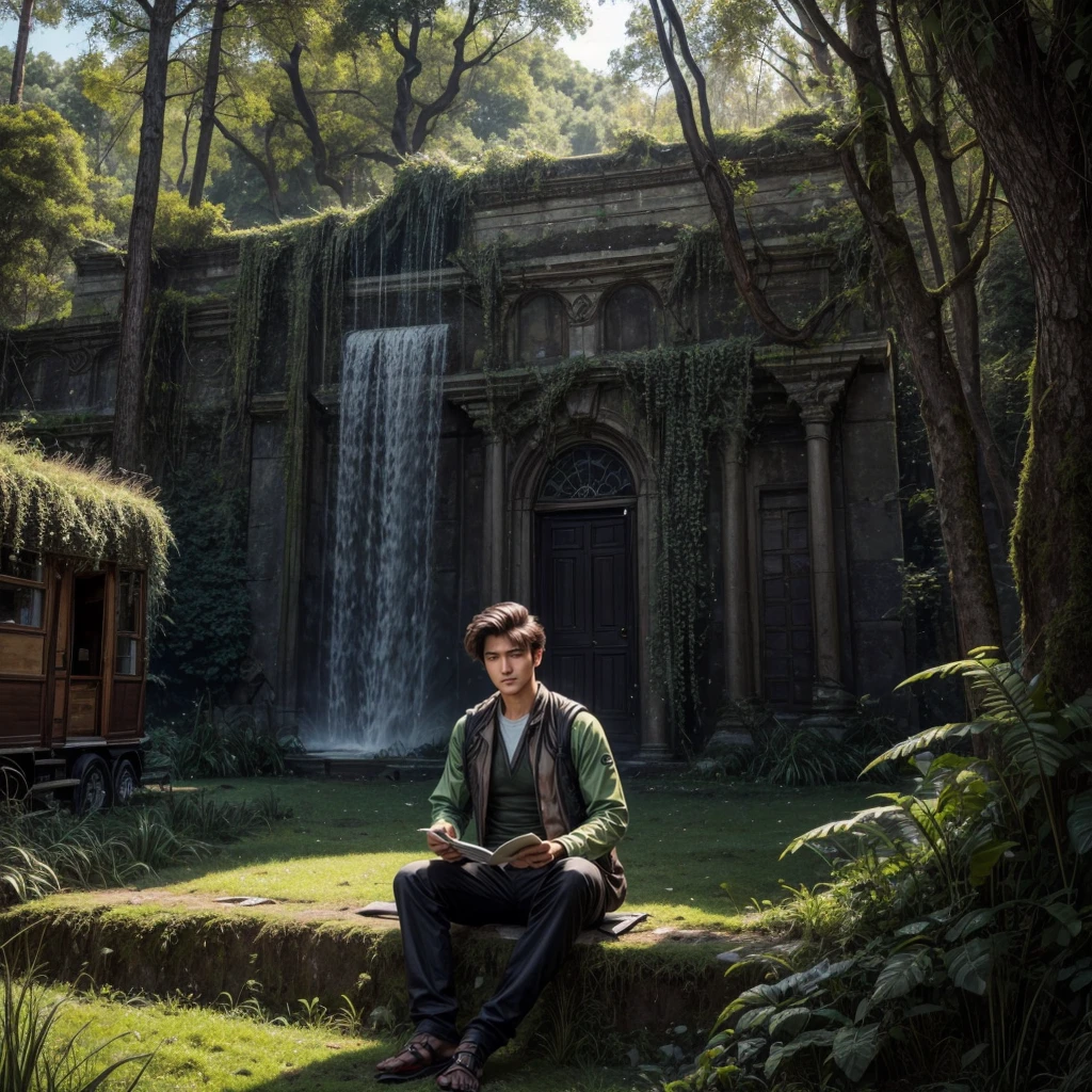 A stunning photographic portrait of a 20-year-old man with a clean face and neatly styled hair combed back, sitting on the moss-covered ruins of an ancient building. The man is dressed in adventure clothes, with the background featuring a stretch of green grass and a classic caravan adorned with vibrant fluorescent lanterns. The dramatic lighting highlights the sharp and clear details of the entire scene, creating a harmonious blend of nature, architecture, and human presence. He is holding an old scroll map.