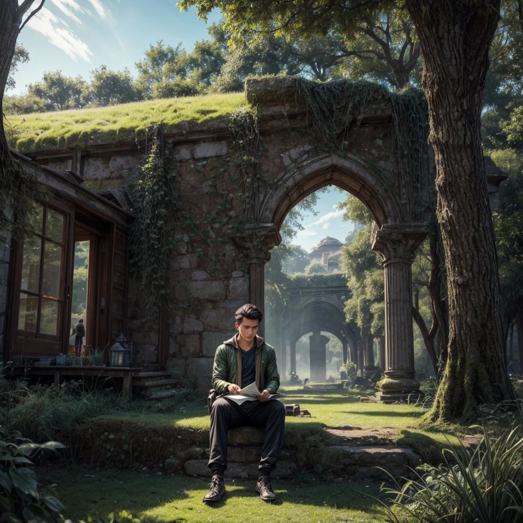 A stunning photographic portrait of a 20-year-old man with a clean face and neatly styled hair combed back, sitting on the moss-covered ruins of an ancient building. The man is dressed in adventure clothes, with the background featuring a stretch of green grass and a classic caravan adorned with vibrant fluorescent lanterns. The dramatic lighting highlights the sharp and clear details of the entire scene, creating a harmonious blend of nature, architecture, and human presence. He is holding an old scroll map.