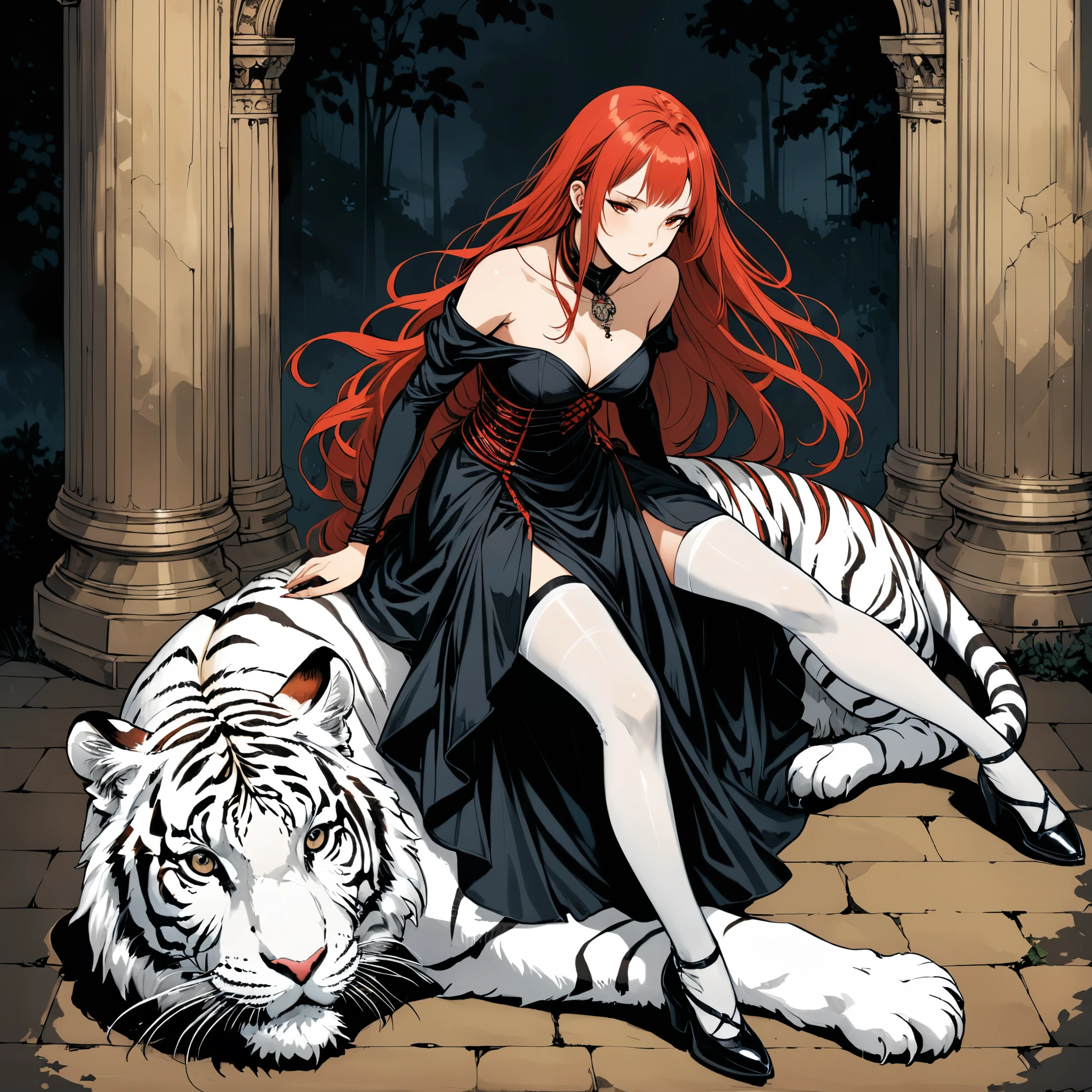 in style of Santiago Caruso,in style of Albert Pinkham Ryder,in style of Arthur Wardle
BREAK
1 girl,{a huge white tiger stand behind:1.7},the tiger's face on the girl's shoulder,character concept design,{devil girl:2.7},long_skirt,incredibly long red hair,sitting posture,leaning,lend 1 legs,1 hand on the lower jaw,hands supporting the body,silk stockings
BREAK
gravure_pose,{top view:2.8},{from above:2}