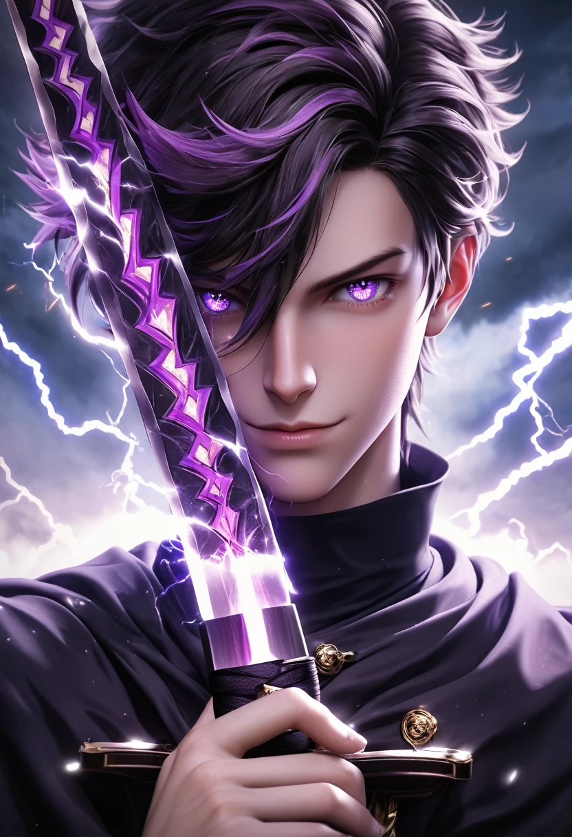 Masterpiece, top quality, high definition CG Unity 8k wallpaper, purple sword with lightning. Made with great precision. High resolution, has a sharp glowing sword. He is looking at you with big eyes and sharp eyes. The sword glows purple, creating an evil atmosphere. Three-dimensional illustration with a sense of depth, (((the tip of the sword is facing this))), anatomical hand, anatomical finger, perfect hand, perfect finger, Golden Ratio, 3d art, 2.5D Art, Octane Rendering Style