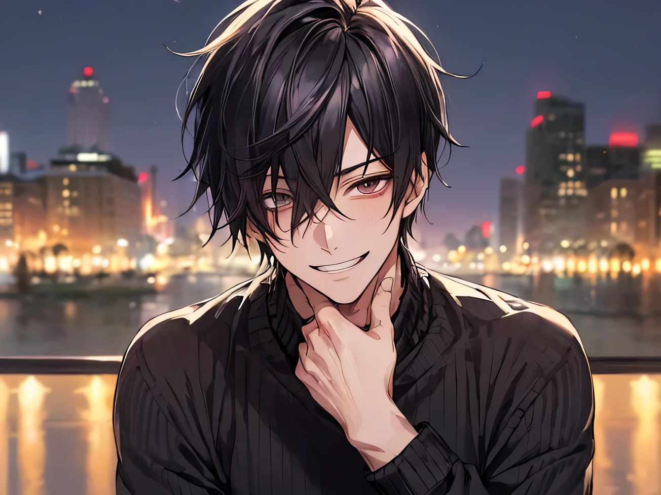 Working Adults.,male,good looking,Cool vibe,I,Black-haired,mash,Dark mood(Masseter region,Viewer Perspective,Upper Body,Face close-up,Excited,Wicked Smile,Yandere atmosphere,Stylish clothing,Night atmosphere,sweater,,In town,The background is the city