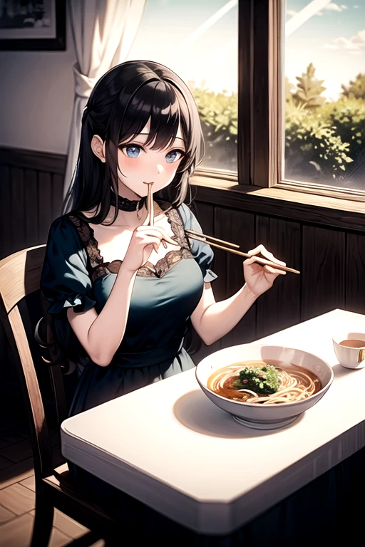 Inside the house，Comic Girl，A girl with long black wavy hair and delicate features wearing a misty blue dress，Sit sideways on a stool at 45 degrees，Table in front，There is a large white bowl on the table，Noodles in a large white bowl，The girl holds the large white bowl on the table with her left hand，Use chopsticks in your right hand to pick up noodles from a large white bowl and put them into your mouth，Eating noodles leisurely and enjoyably，The sun shines on the girl from the left