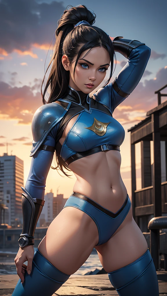 Kitana, (Mortal Kombat), sexy girl, powerful, blue classic sexy suit, mask, botas adornadas, Young, skynny body, small and beautiful buttocks, toned abdomen, small and beautiful breasts, sensual, pose de artes marciales dando patada a la altura de la cara, inframundo, ciudad en llamas, edificios destruidos en el fondo, Dramatic background, overflows a lot of energy in your body, abanicos cromados adornados en sus manos, mirando al espectador, sensual look, beautiful blue eyes, classic hairstyle,Hair dyed in bright black color, best quality,4k,8k,A high resolution,masterpiece,Ultra detailed,realistic, Photorealistic,photo realistic, ultra realistic