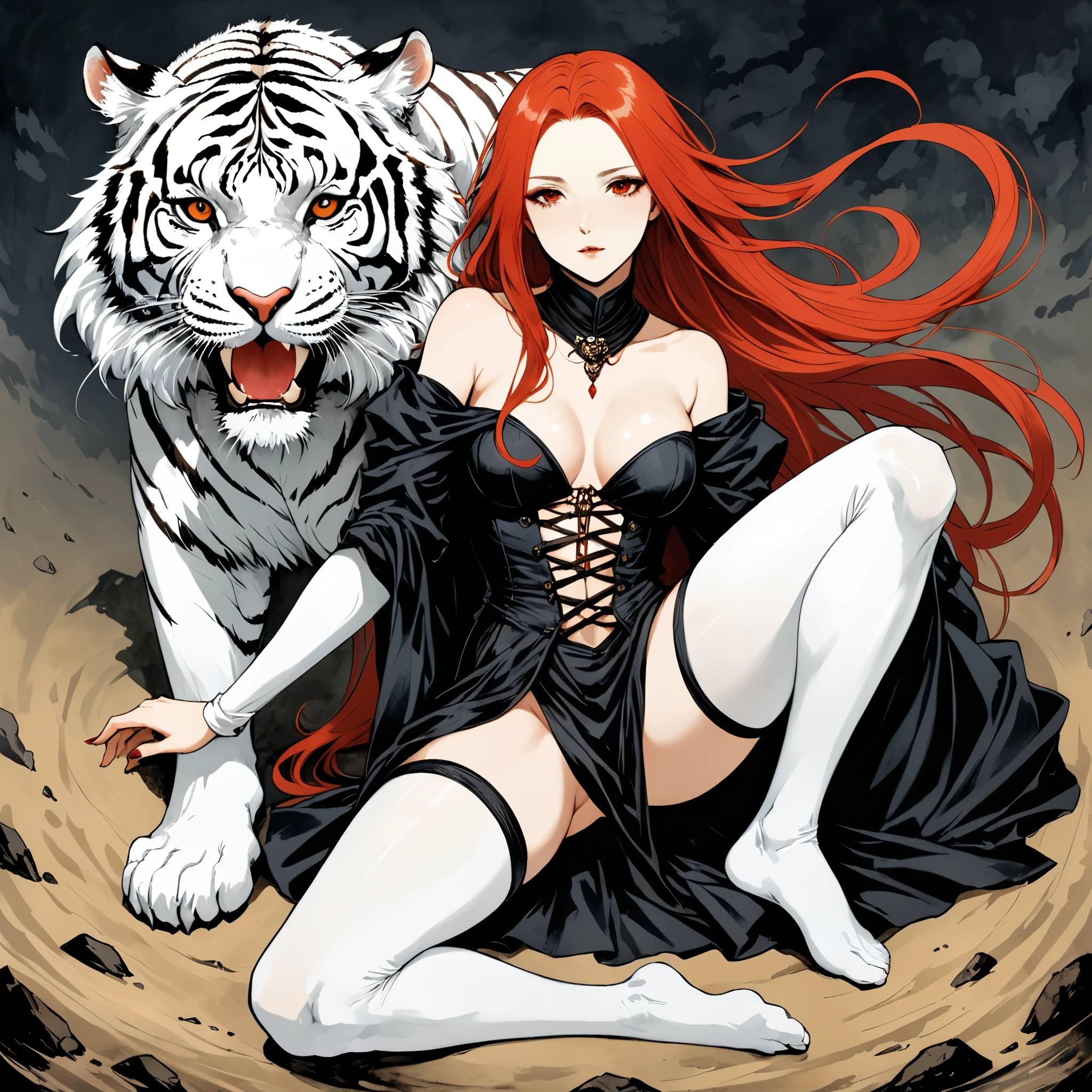 in style of Santiago Caruso,in style of Albert Pinkham Ryder,in style of Arthur Wardle
BREAK
1 girl,{a huge white tiger stand behind:1.7},the tiger's face on the girl's shoulder,character concept design,{devil girl:2.7},long_skirt,incredibly long red hair,sitting posture,leaning,lend 1 legs,1 hand on the lower jaw,hands supporting the body,silk stockings
BREAK
gravure_pose,{top view:2.8},{from above:2}