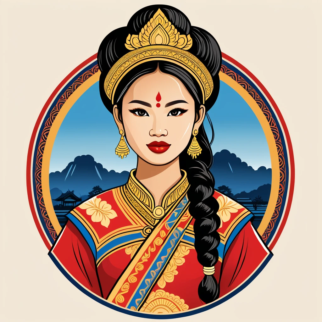 woman in laos folk outfit, vector graphics, strong contours, logo design