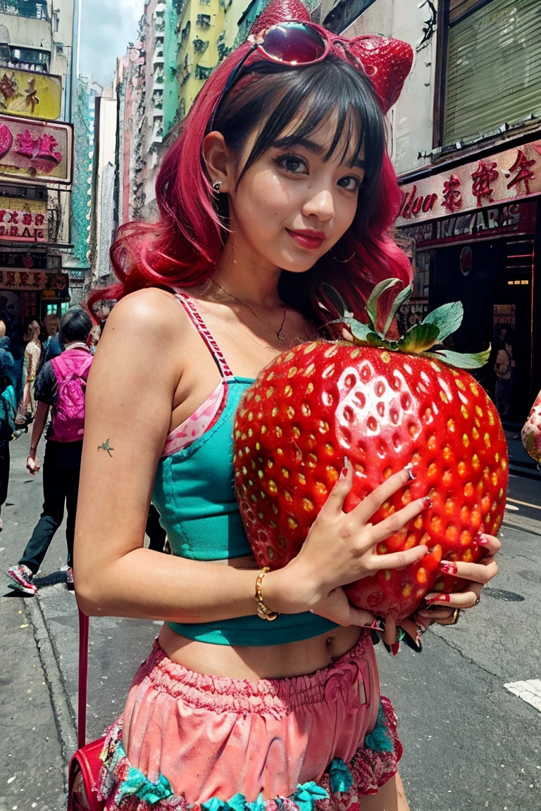 hong kong, day, (Awkward,blush :1.3), (Alafi girl hugging huge strawberry, huge strawberry ), y 2 k cutecore crowncore, Lovely Decora Rainbow Core, Lovely high quality rendering, Candy Girl, Deco, Unreal Engine : : Carnival Makeup, Working Girl, raver girl, Glitch Punk Girl, soda themed girl, Lively and cheerful, 80s pin-up style, 