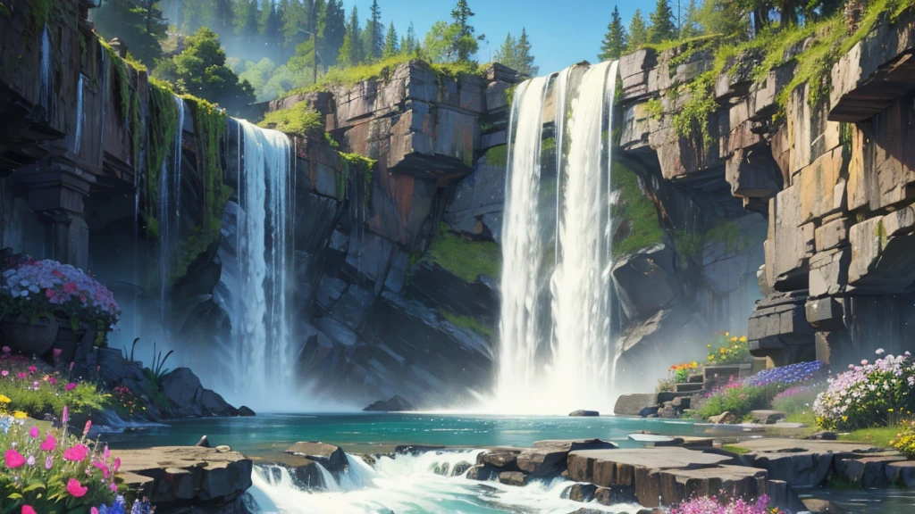 Flowers with waterfalls around
