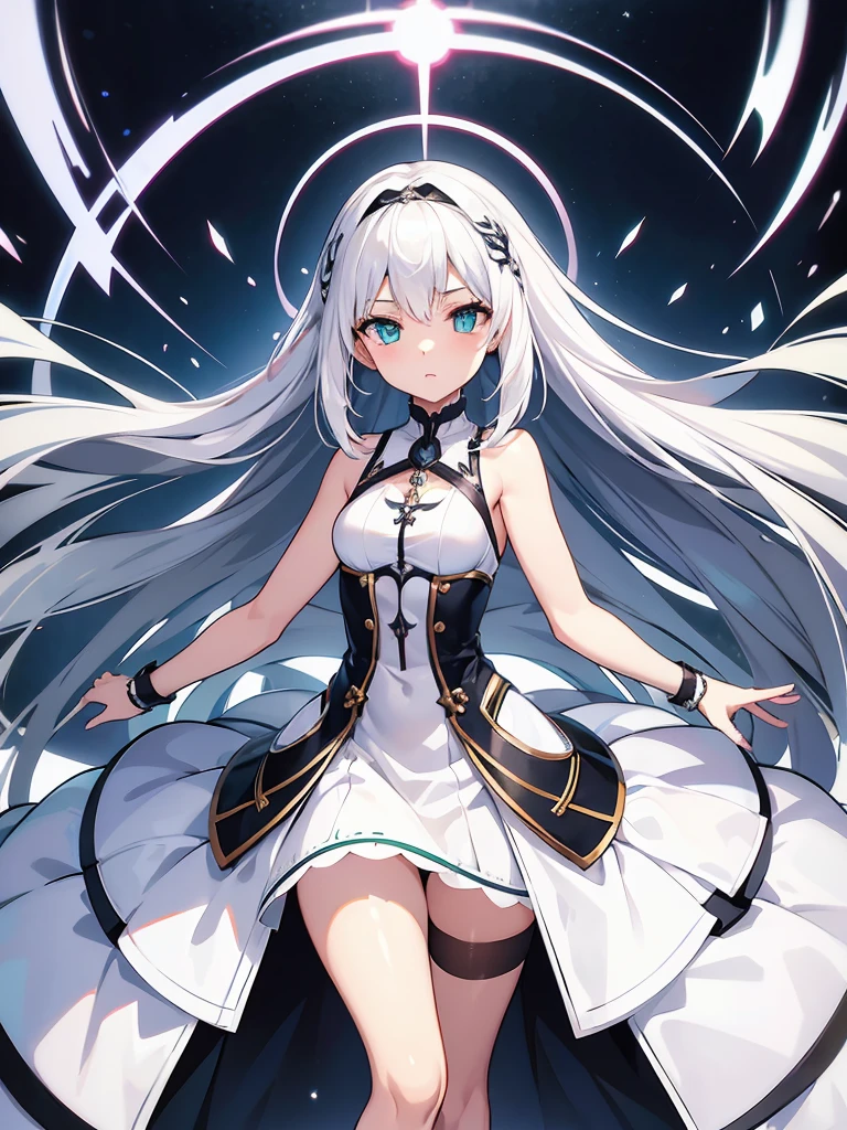 masterpiece, super fine illustration, extremely detailed, 1girl, flat background, full body, standing, extremely detailed face and eyes,Anime character with long white hair and black dress, deity with white hair, from arc knights, cute anime waifu in nice dress, white hair, in dress, artstation trending on pixiv, from girls front line, white hair, official character art, perfect girl with white hair, lady with white hair,(shining sharp emerald eyes), dress is sleeveless,(perfect hands)