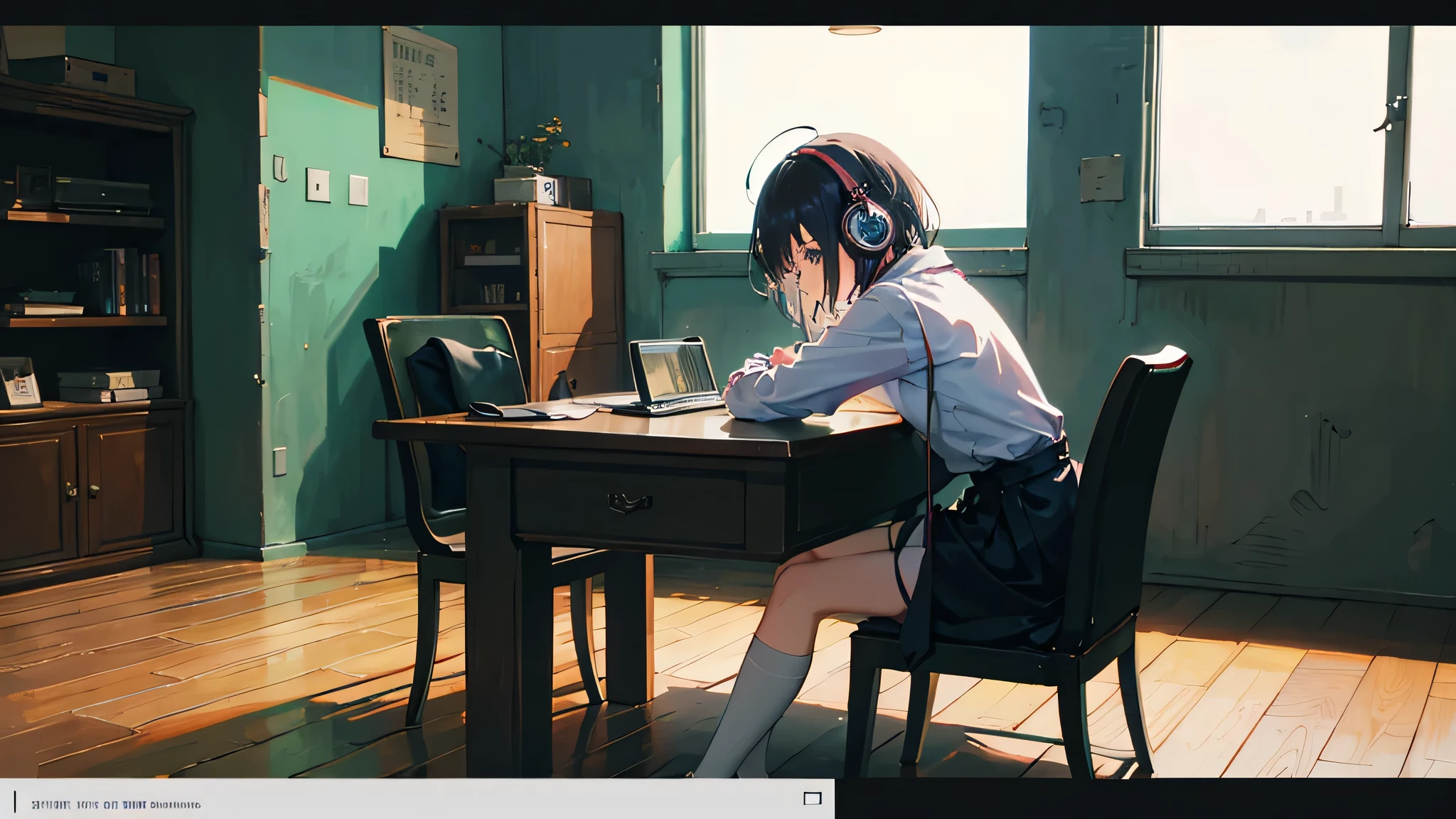 anime character sitting at a desk with headphones on and a laptop, lofi girl, lofi artstyle, lofi colors, lofi art, lofi feel, lofi portrait, lofi girl aesthetic, lofi hip hop, lofi, lofi vibe, lofi vibes, satoshi kon artstyle, lofi aesthetic, screenshot from the anime film
