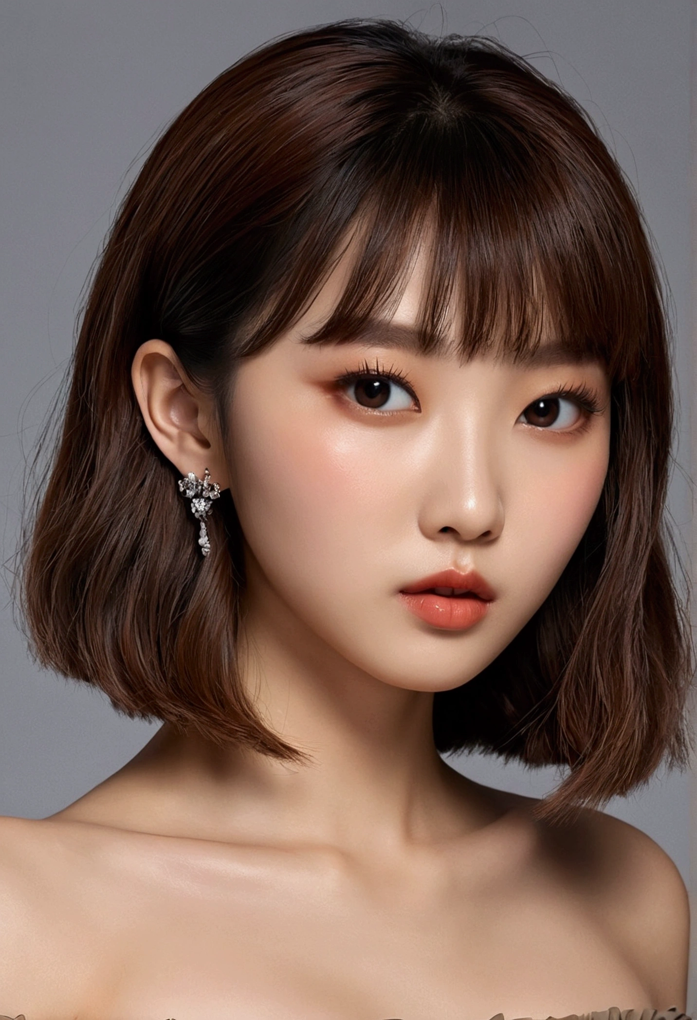 ((superior quality, 8k, head of&#39;artwork: 1.3)),   beauty. dark side.     ((korean girl)),   corps. Mince. mince. captivating.   ultra detailed face,   Highly detailed lips,    detailed eyes,   long cils,   ((long brown hair with bangs)).   Makeup face.

((strapless tube top)),    dans la salle de remise en forme