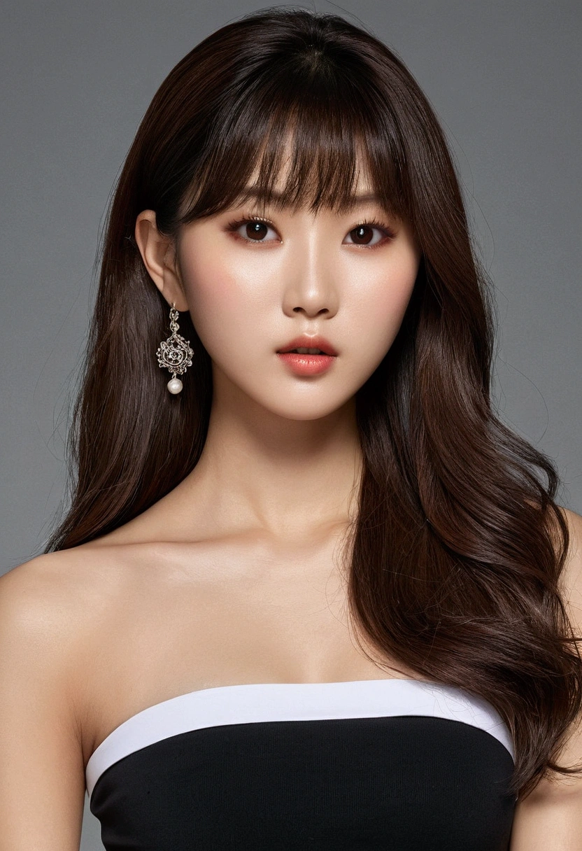 ((superior quality, 8k, head of'artwork: 1.3)), beauty. dark side. ((korean girl)), corps. Mince. mince. captivating. ultra detailed face, Highly detailed lips, detailed eyes, long cils, ((long brown hair with bangs)). Makeup face.
((strapless tube top)), dans la salle de remise en forme