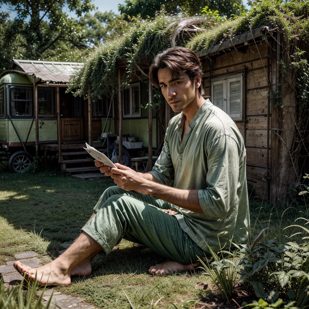 A stunning photographic portrait of a 20-year-old man with a clean face and neatly styled hair combed back, sitting on the moss-covered ruins of an ancient building. The man is dressed in adventure clothes, with the background featuring a stretch of green grass and a classic caravan adorned with vibrant fluorescent lanterns. The dramatic lighting highlights the sharp and clear details of the entire scene, creating a harmonious blend of nature, architecture, and human presence. He is holding an old scroll map.