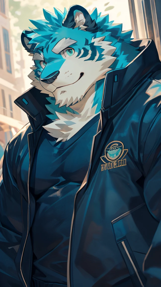 alone, ((fluffy fur, fluffy, hairy body)), detailed fluffy fur, Detailed face, delicate Eye, cool and dynamic poses, (super detailed), sharp focus, genji, Eye, hairy, (cyan blue fur:1.5), White beard, human nature (blue tiger), chest hair,male, middle aged, Increase chest muscles(((muscular))),muscular body,(endomorph body type:0.4), muscular and buffed body, rest ((cool jacket, blue shirt inside the jaket)), ultra Detailed face, high detail, high quality, (best quality,4K,8k,High resolution,masterpiece:1.2), (close up:1.3), author:Takemoto Arashi, By Kulplant, author:ghost of emptiness, From raccoon21, dynamic lighting, Smile, (whole body:1.4), looking at the audience, eternal, close up portrait, indoorHigh resolution,Detailed hand,snowy kingdom night in the background