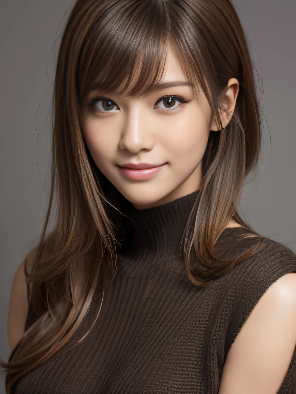 masterpiece, best quality, ultra-detailed, intricately detailed hyperdetailed, realistic, sharp features, highly detailed, sharp focus, Realistic, Photorealistic:1.3, (:1.5), perfect face, perfect symmetrically eyes, perfect full lips, hyper detailed, hyper realistic, high resolution, Fashion Model, Japanese Idol, Slender, brown hair, Stylish, model poses, Beautiful Face, light brown hair, messy hair, asymmetrical bangs, (grin:1.2), (looking at viewer), cinematic lighting, grey background, (Black knit:1.2), portrait