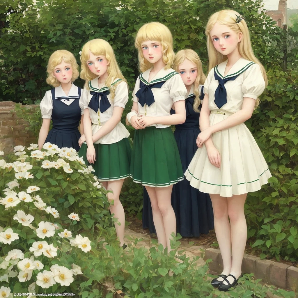 3 girls, long hair, Big , Blushing, blond, Green-eyed sailor suit short skirt 1933 style cute and beautiful girl 18 years old in the garden