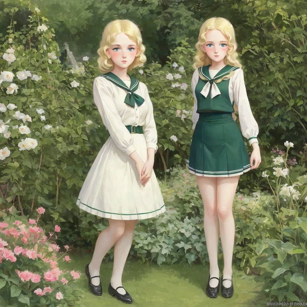 3 girls, long hair, Big , Blushing, blond, Green-eyed sailor suit short skirt 1933 style cute and beautiful girl 18 years old in the garden 
