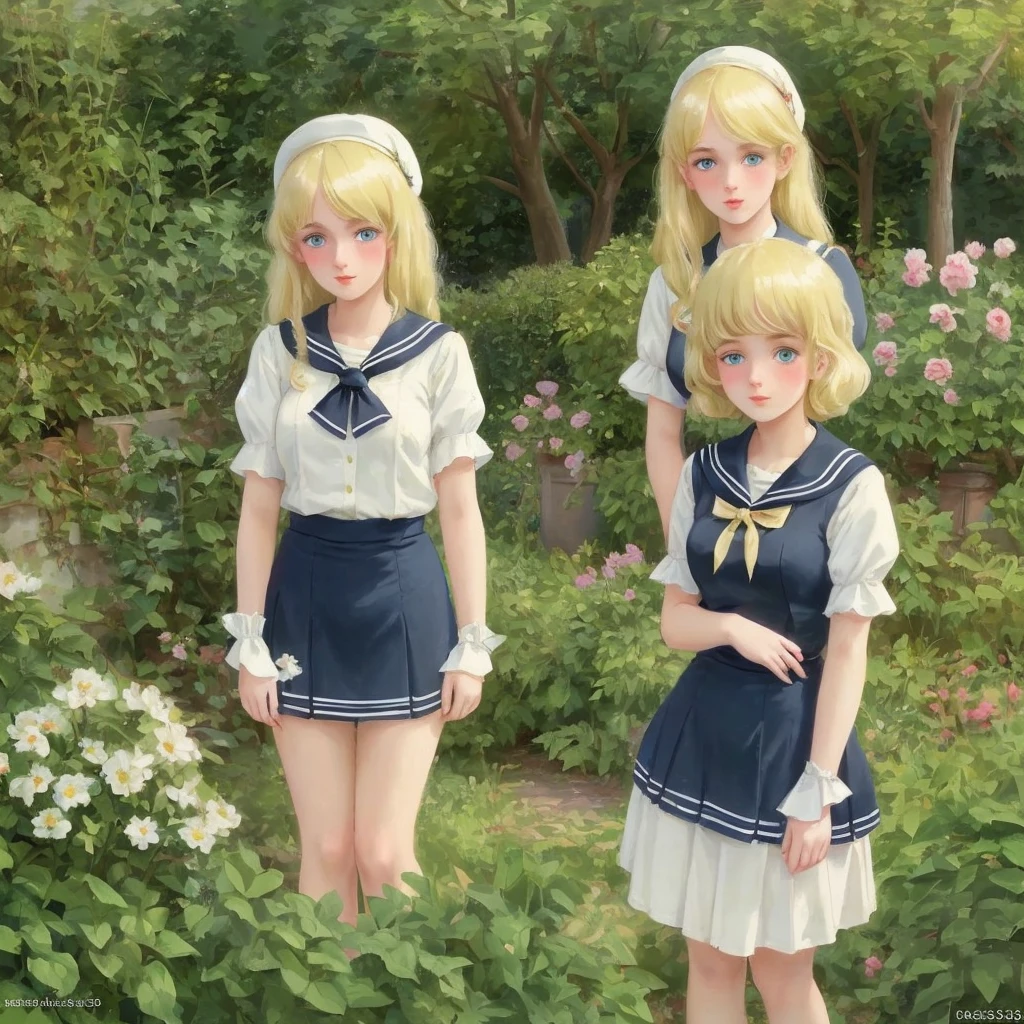 3 girls, long hair, Big , Blushing, blond, Green-eyed sailor suit short skirt 1933 style cute and beautiful girl 18 years old in the garden