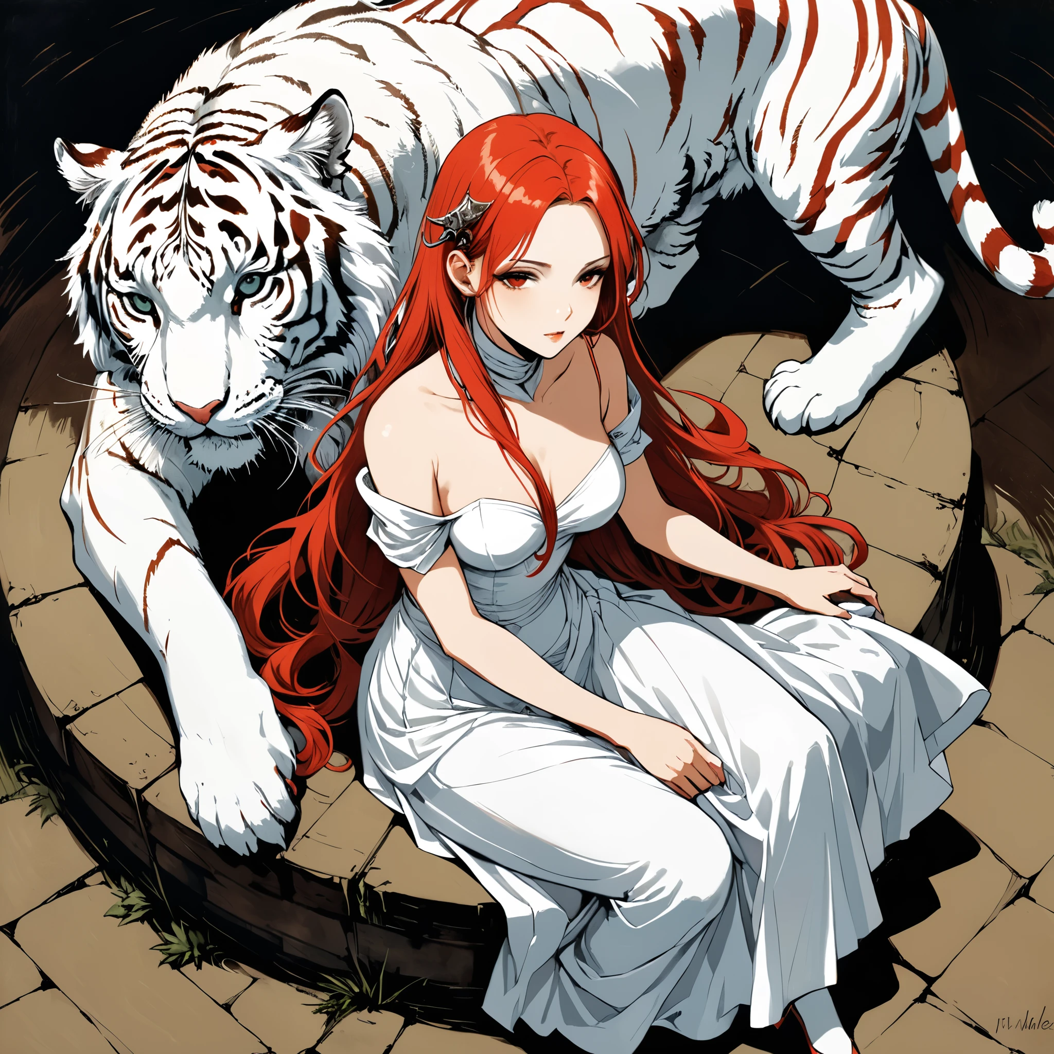 in style of Santiago Caruso,in style of Albert Pinkham Ryder,in style of Arthur Wardle
BREAK
1 girl,{a huge white tiger stand behind:1.7},the tiger's face on the girl's shoulder,character concept design,{devil girl:2.7},long_skirt,incredibly long red hair,sitting posture,leaning,lend 1 legs,1 hand on the lower jaw,hands supporting the body,silk stockings
BREAK
gravure_pose,{top view:2.8},{from above:2}