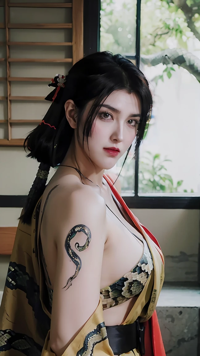 (masterpiece), best quality, Expressive eyes, Perfect face, HD, Benissato, Meinoichi, Snake tattoo, She is a tall and mature woman.，fit，Curved，Long legs，Long arms, Even though she is a ninja herself, Benissato has the appearance of a beautiful and seductive geisha, She has porcelain skin.，Her long black hair was tied into a bun with a hairpin and a traditional comb.。, Benissato is covered in serpent tattoos that come alive when she uses her powers and will usually appear naked during a battle to throw off her male victims, She is wearing a traditional Japanese geisha robe, whole body, Pants, Long sleeve, Vest, sandals, kimono, dividend, Snake Paranormal 