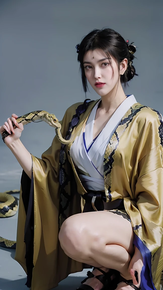 (masterpiece), best quality, Expressive eyes, Perfect face, HD, Benissato, Meinoichi, Snake tattoo, She is a tall and mature woman.，fit，Curved，Long legs，Long arms, Even though she is a ninja herself, Benissato has the appearance of a beautiful and seductive geisha, She has porcelain skin.，Her long black hair was tied into a bun with a hairpin and a traditional comb.。, Benissato is covered in serpent tattoos that come alive when she uses her powers and will usually appear naked during a battle to throw off her male victims, She is wearing a traditional Japanese geisha robe, whole body, Pants, Long sleeve, Vest, sandals, kimono, dividend, Snake Paranormal 