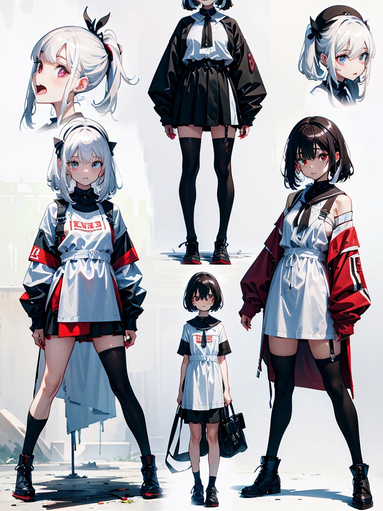 (Left and right split themes:1.0),No gaps,Heterochromia iridis,((Two Tone Hair:1.2)),(Chiaroscuro:1.2),(左~ sideは黒い髪と赤い目です,右~ sideは白い髪と青い目です:1.2), and sketch (Character design sheet, same characters, whole body, Three-View, front, ~ ~ ~ ~ ~ side, return),(Very bright:1.1), White Background,