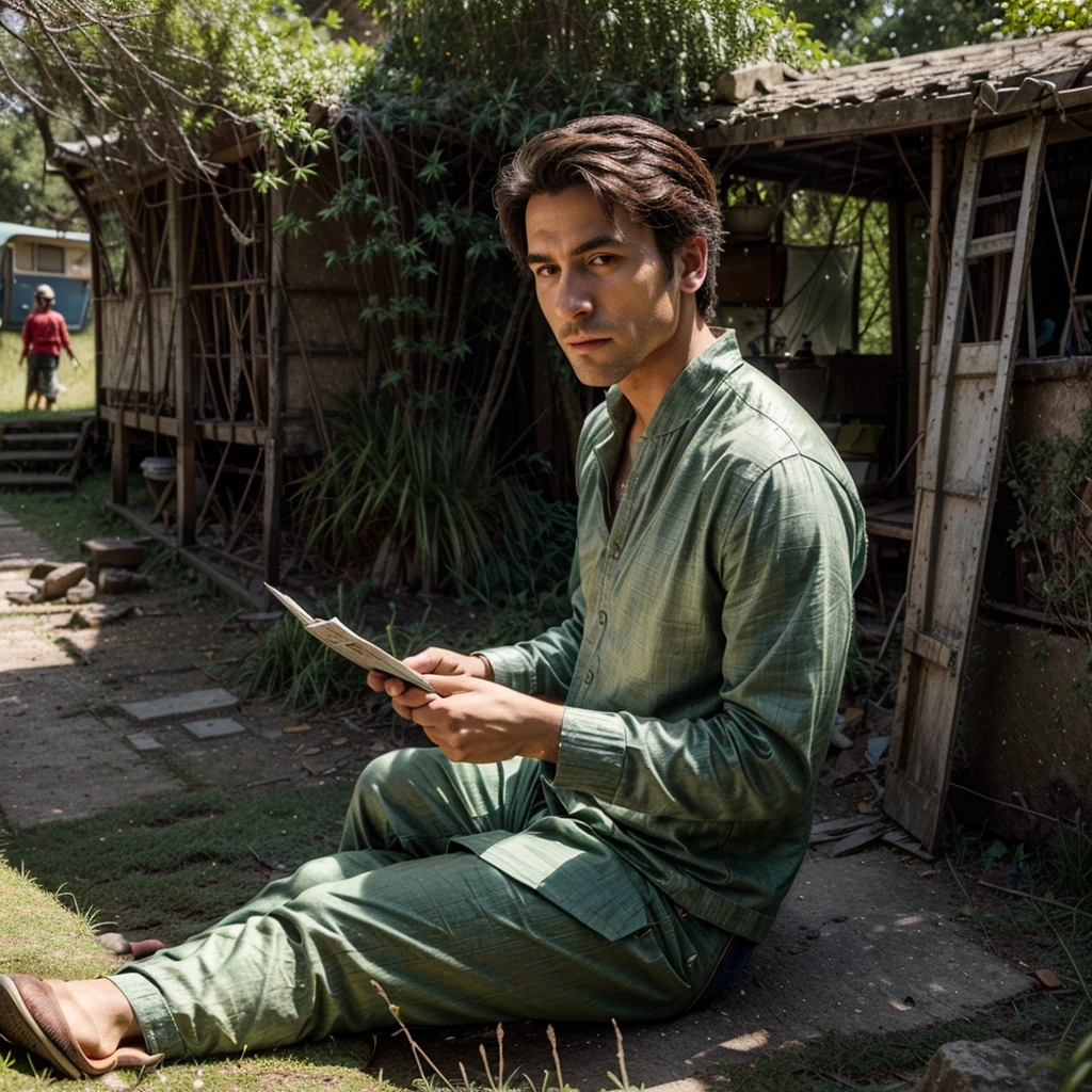 A stunning photographic portrait of a 20-year-old man with a clean face and neatly styled hair combed back, sitting on the moss-covered ruins of an ancient building. The man is dressed in adventure clothes, with the background featuring a stretch of green grass and a classic caravan adorned with vibrant fluorescent lanterns. The dramatic lighting highlights the sharp and clear details of the entire scene, creating a harmonious blend of nature, architecture, and human presence. He is holding an old scroll map.