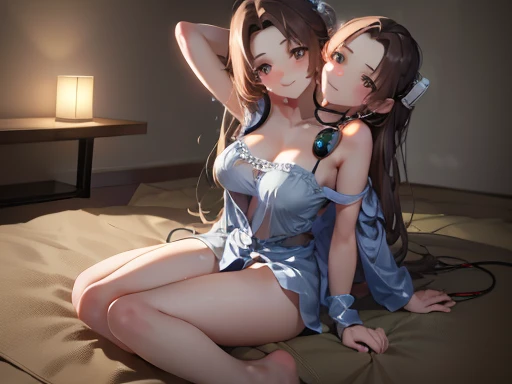 (sexy pajama), smile, side view, (lying on bed), night ,masterpiece, best quality, HD, 8K, Ultra- high resolution, Extreme Detail, Super detailed, beautiful eyes, beautiful hair, Beautiful side, beautiful skin, curvy, misaki, Cosmic Eyes,