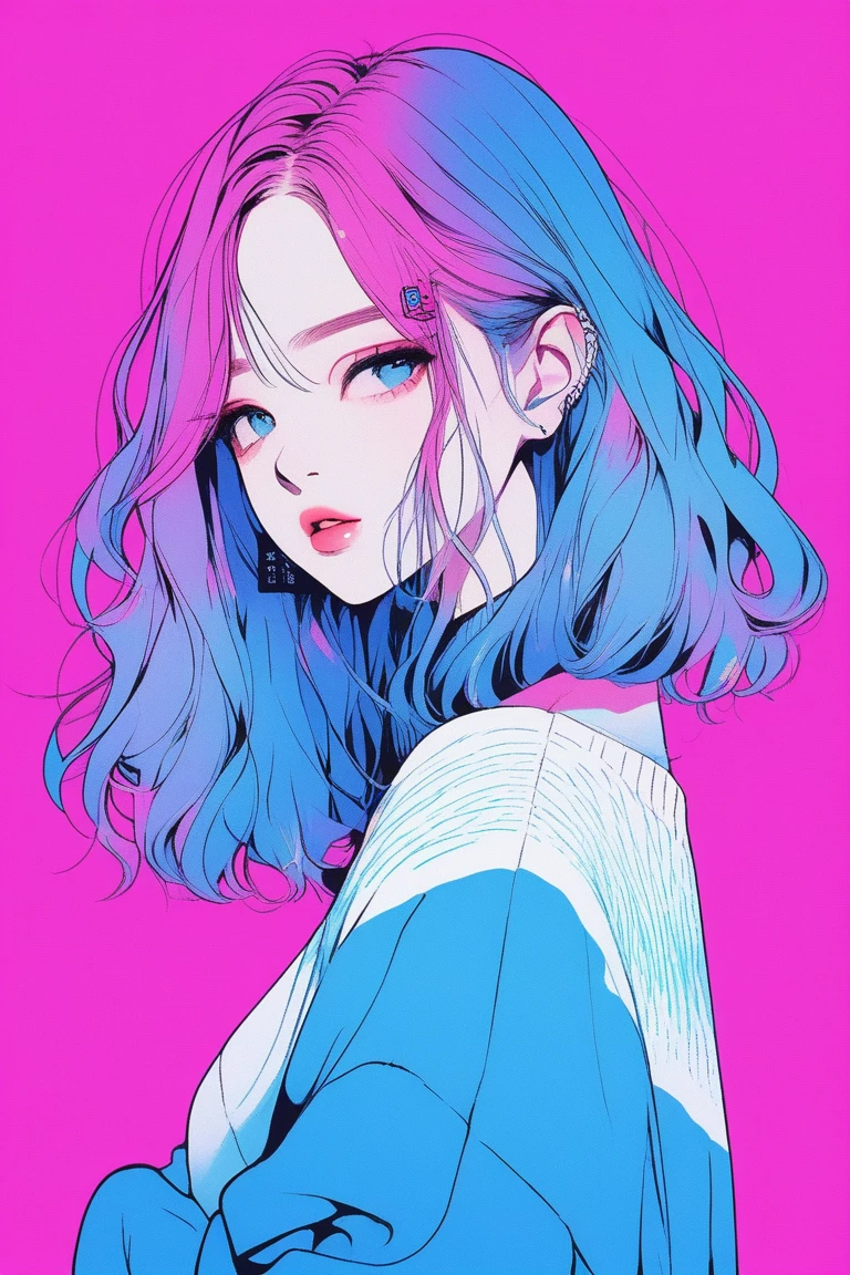 illustrator, anime , realistic ,sketch , 1 girl, ,lip, sweater,order, Blue gradient background, neon hair,Textured trim, Korean, (masterpiece,Best quality)
