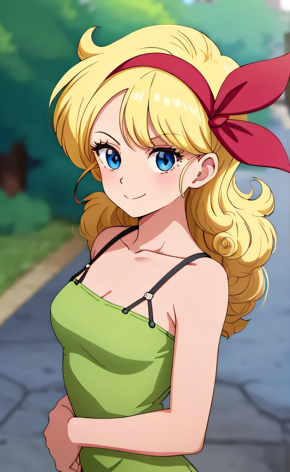 ((masterpiece, best quality)), insaneres, absurdres, solo, looking at viewer, BlondeHair_BadLaunch_ownwaifu, 1girl, long hair, blonde hair, curly hair, hair ribbon, blue eyes, medium breasts, red hairband, eyelashes, bangs, bare shoulders, collarbone, little dark pink tight dress, t3ghtdr3ss, outdoors, depth of field, vanishing point, (contrapposto), smile, headshot portrait