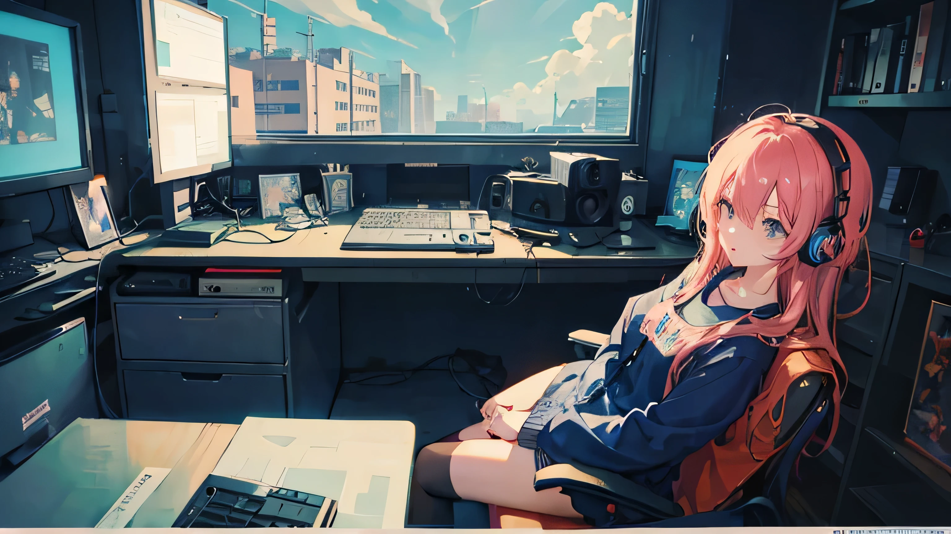 anime character sitting at a desk with headphones on and a laptop, lofi girl, lofi artstyle, lofi colors, lofi art, lofi feel, lofi portrait, lofi girl aesthetic, lofi hip hop, lofi, lofi vibe, lofi vibes, satoshi kon artstyle, lofi aesthetic, screenshot from the anime film. cozy room. a sleeping cat. it's night