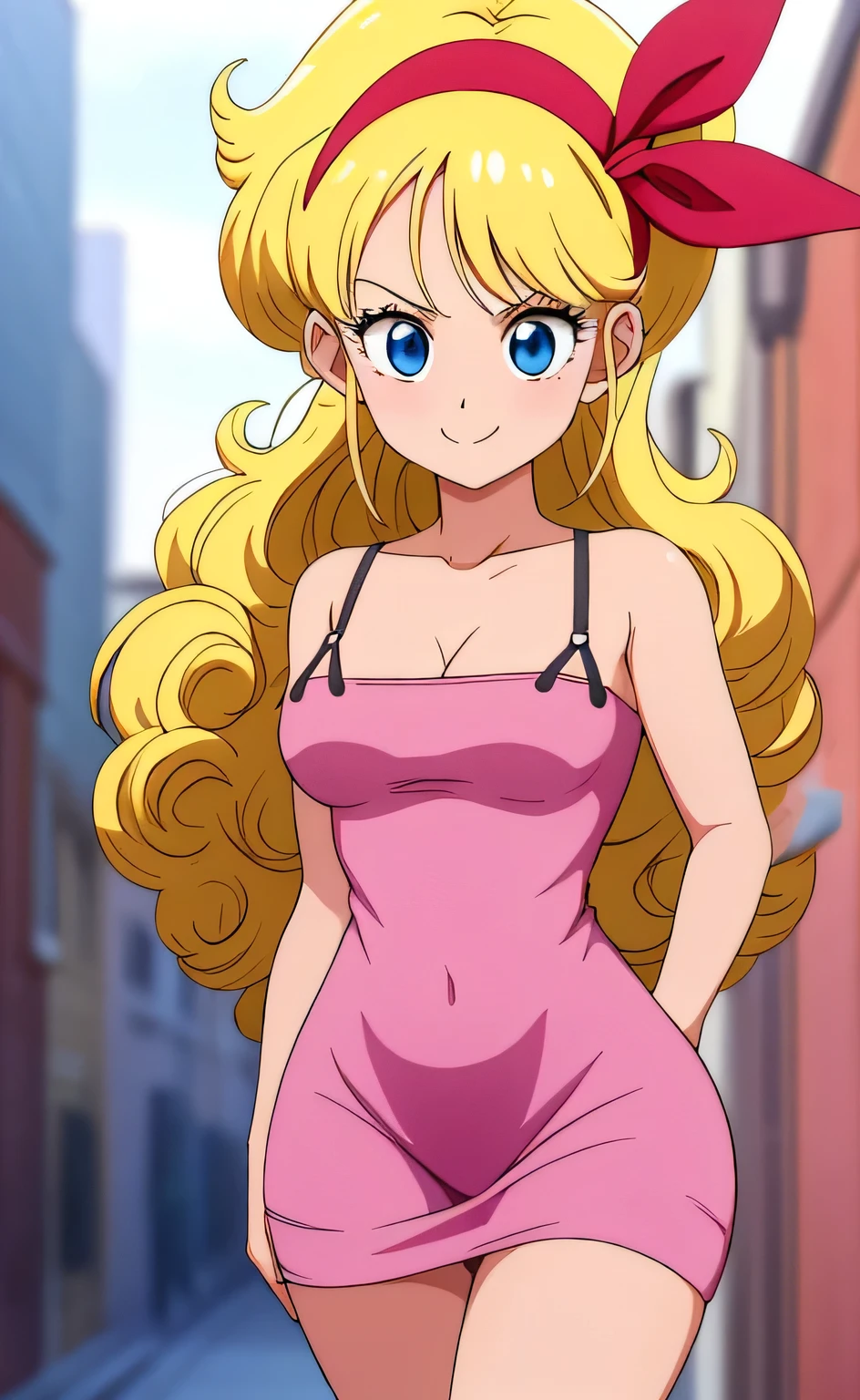 ((masterpiece, best quality)), insaneres, absurdres, solo, looking at viewer, BlondeHair_BadLaunch_ownwaifu, 1girl, long hair, blonde hair, curly hair, hair ribbon, blue eyes, medium breasts, red hairband, eyelashes, bangs, bare shoulders, collarbone, little dark pink tight dress, t3ghtdr3ss, outdoors, depth of field, vanishing point, (contrapposto), smile, headshot portrait
