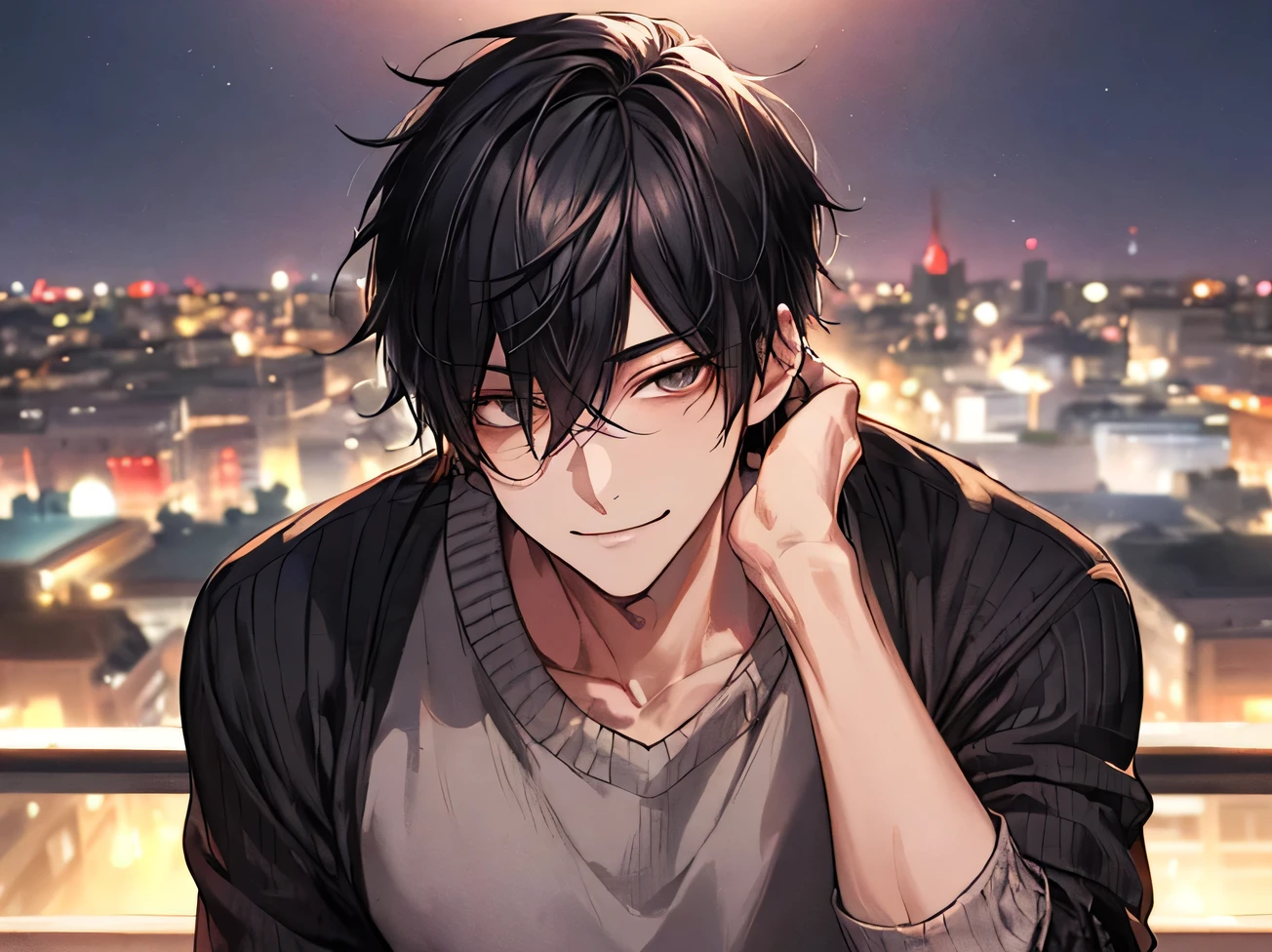 Working Adults.,male,good looking,Cool vibe,I,Black-haired,mash,Dark mood(Masseter region,Viewer Perspective,Upper Body,Face close-up,Excited,Wicked Smile,Yandere atmosphere,Stylish clothing,Night atmosphere,sweater,,In town,The background is the city