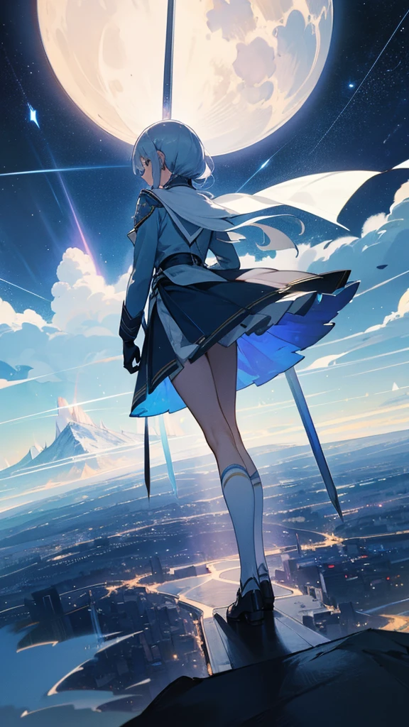 1 girl,Back view,Light gray uniform,skirt,Light blue sword,Mountain,city below,Night Sky,Moon on the top right,Shooting star in the center,A little far from the camera