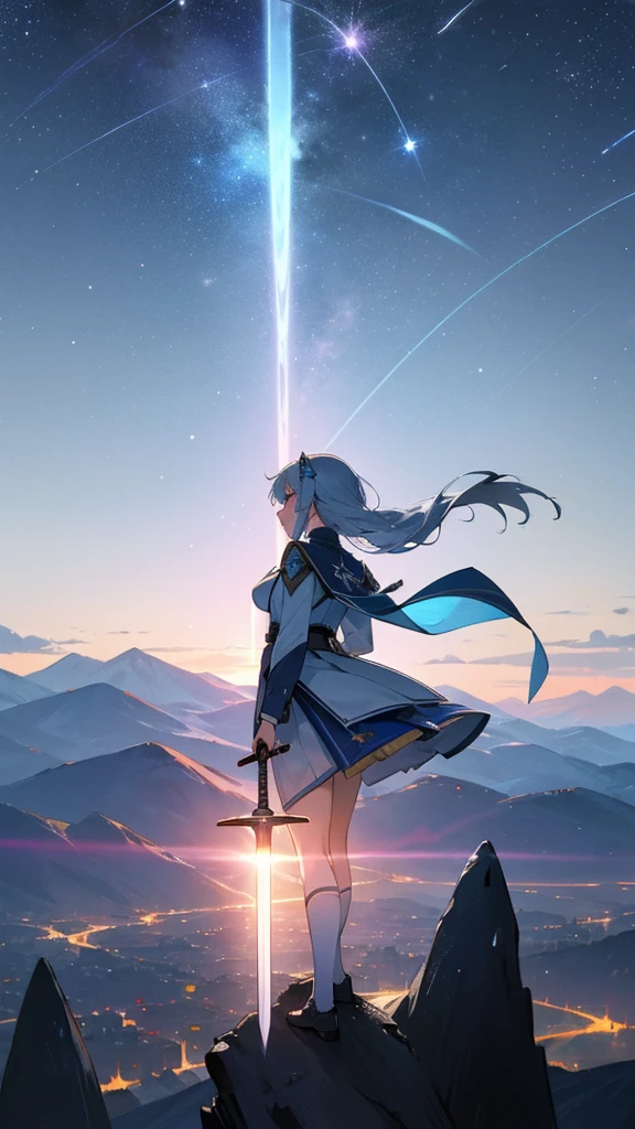 1 girl,Back view,Light gray uniform,skirt,Light blue sword,Mountain,city below,Night Sky,Moon on the top right,Shooting star in the center,A little far from the camera