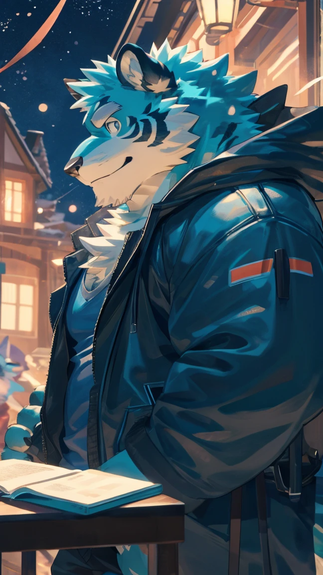 alone, ((fluffy fur, fluffy, hairy body)), detailed fluffy fur, Detailed face, delicate Eye, cool and dynamic poses, (super detailed), sharp focus, genji, Eye, hairy, (cyan blue fur:1.5), White beard, human nature (blue tiger), chest hair,male, middle aged, Increase chest muscles(((muscular))),muscular body,(endomorph body type:0.4), muscular and buffed body, rest ((cool jacket, blue shirt inside the jaket)), ultra Detailed face, high detail, high quality, (best quality,4K,8k,High resolution,masterpiece:1.2), (close up:1.3), author:Takemoto Arashi, By Kulplant, author:ghost of emptiness, From raccoon21, dynamic lighting, Smile, (whole body:1.4), looking at the audience, eternal, close up portrait, indoorHigh resolution,Detailed hand,snowy night forest in the background, 9'8 tall,big body
