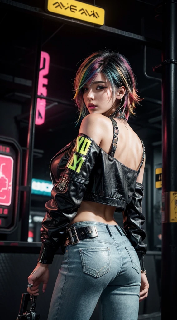 A stunning full color intricate portrait in Ultra-HD, a 24 year old girl, detailed face, ((ultra detailed, masterpiece, best quality)), short multicolored hair, brown eyes, makeup, tattoos, tank top, black pants, full body, epic character composition . . alessio albi, nina masic, sharp focus, natural lighting, subsurface dispersion, f2, 35mm
