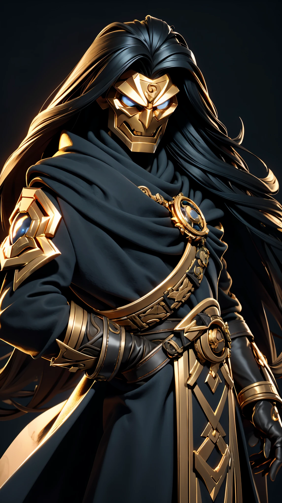 A man with long black hair wearing a golden mask wearing a white scientist's coat with gold details from the mysterious 8k supervillain.