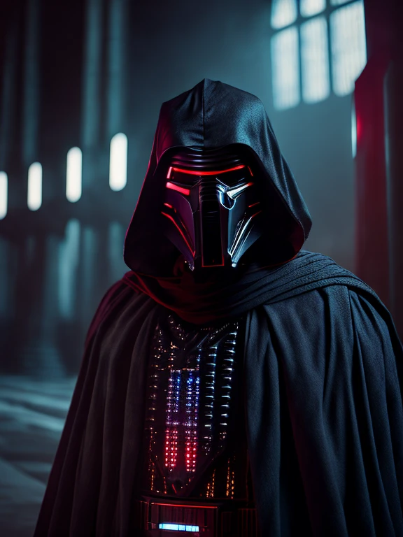 a grim portrait of a person wearing a Kylo Ren like mask from Star Wars with black robe clothes like the real kylo ren inside a brutalist building, A Gothic brutalist cathedral, Cyberpunk, fotos premiadas, Bokeh, neon lights, cybernetic limb, closeup face picture