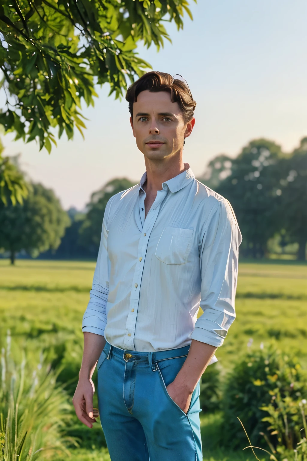 Ipswich, 2024. A young ((((37-year-old)) Matthew Goode)), in an enchanted magical meadow, ((((casual clothings from the 2020s)))), ((hairstyle of the 2020s))