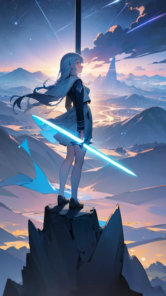 1 girl,Back view,Light gray uniform,skirt,Light blue sword,Mountain,city below,Night Sky,Moon on the top right,Shooting star in the center,A little far from the camera