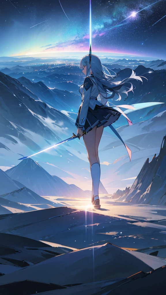 1 girl,Back view,Light gray uniform,skirt,Light blue sword,Mountain,city below,Night Sky,Moon on the top right,Shooting star in the center,A little far from the camera