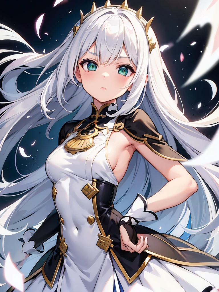 masterpiece, super fine illustration, extremely detailed, 1girl, flat background, full body, standing, extremely detailed face and eyes,Anime character with long white hair and black dress, deity with white hair, from arc knights, cute anime waifu in nice dress, white hair, in dress, artstation trending on pixiv, from girls front line, white hair, official character art, perfect girl with white hair, lady with white hair,(shining sharp emerald eyes), dress is sleeveless,(perfect hands)